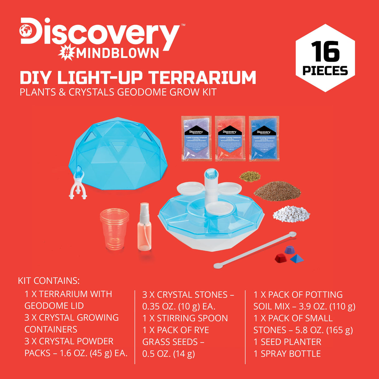 Discovery™ #Mindblown DIY Light-Up LED Terrarium - Plants & Crystals Geodome Grow Kit, 3 Colorful Crystal Formations, Rye Grass, Education STEM Activity Set, Indoor Science Experiment, Chemistry Gift Discovery Kids