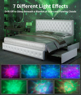GEGOFORU Queen led Bed Frame with 4 Drawers，Galaxy Projector Adjustable Upholstered Headboard Diamond Bed Frame with Charger Music Speaker, No Box Spring Needed, Wooden Slats Support, PU White GEGOFORU