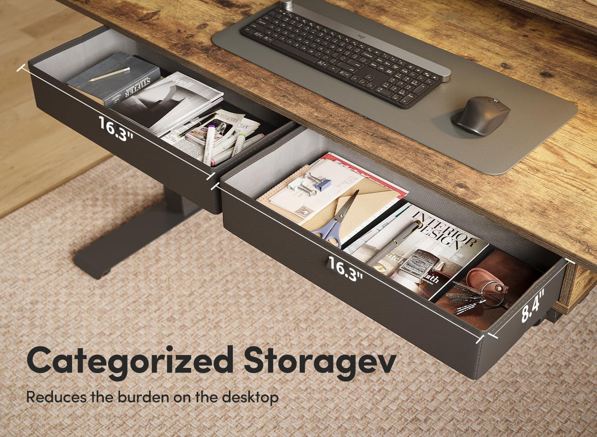 BANTI Height Adjustable Electric Standing Desk with 4 Drawers, 55 x 24 Inch Table with Storage Shelf, Sit Stand Desk, Rustic Brown Top BANTI