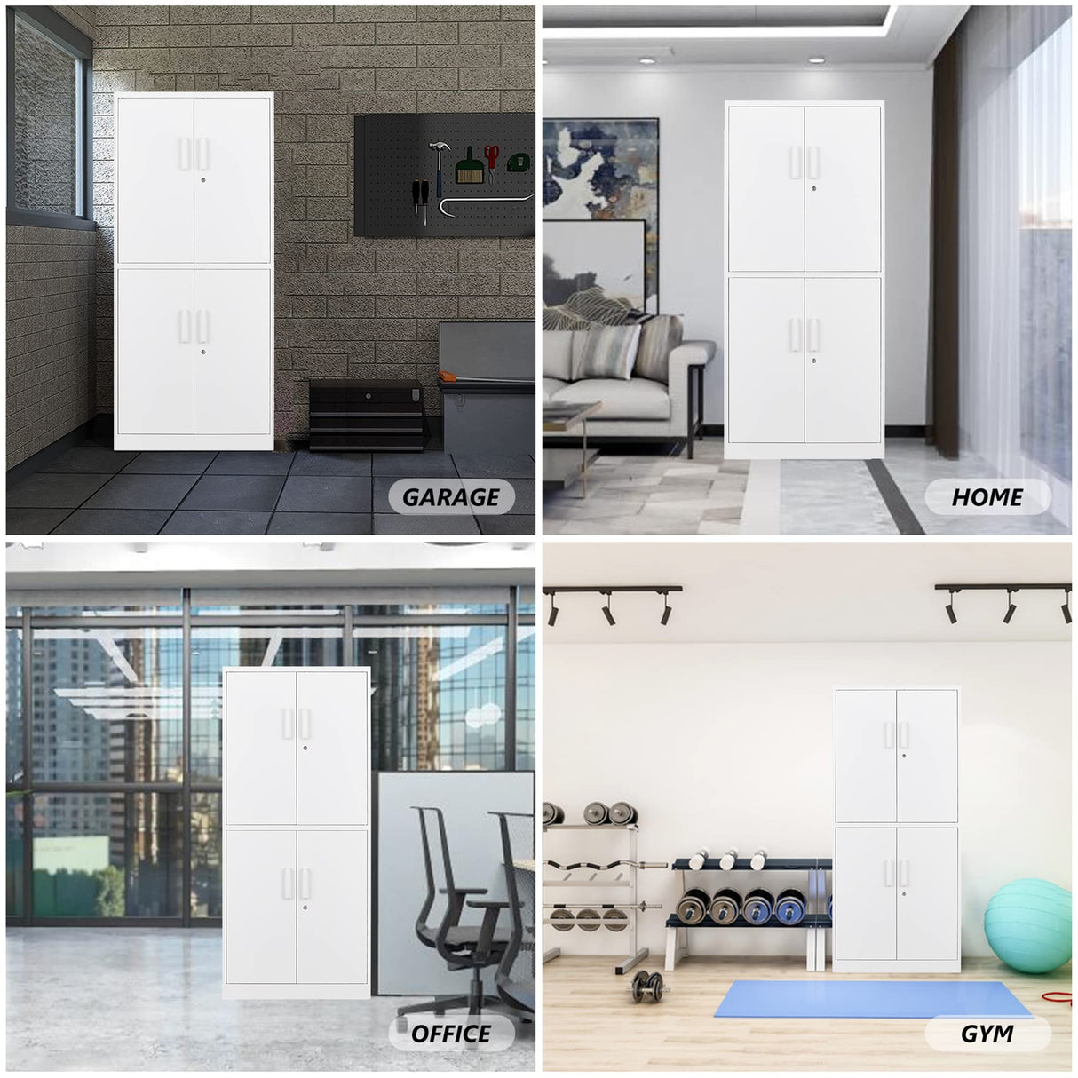 STANI Metal Storage Cabinet, Locking Steel Storage Cabinet with 4 Doors and 2 Adjustable Shelves, 71" Steel Lockable File Cabinet, Tall Steel Cabinet for Home Office,Garage,School (White) STANI