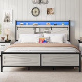 DWVO Farmhouse King Bed Frame with Headboard, Platform Bed with LED Lights and Charging Station, Sliding Barn Door, Solid Metal Slats, No Box Spring Needed (White) DWVO