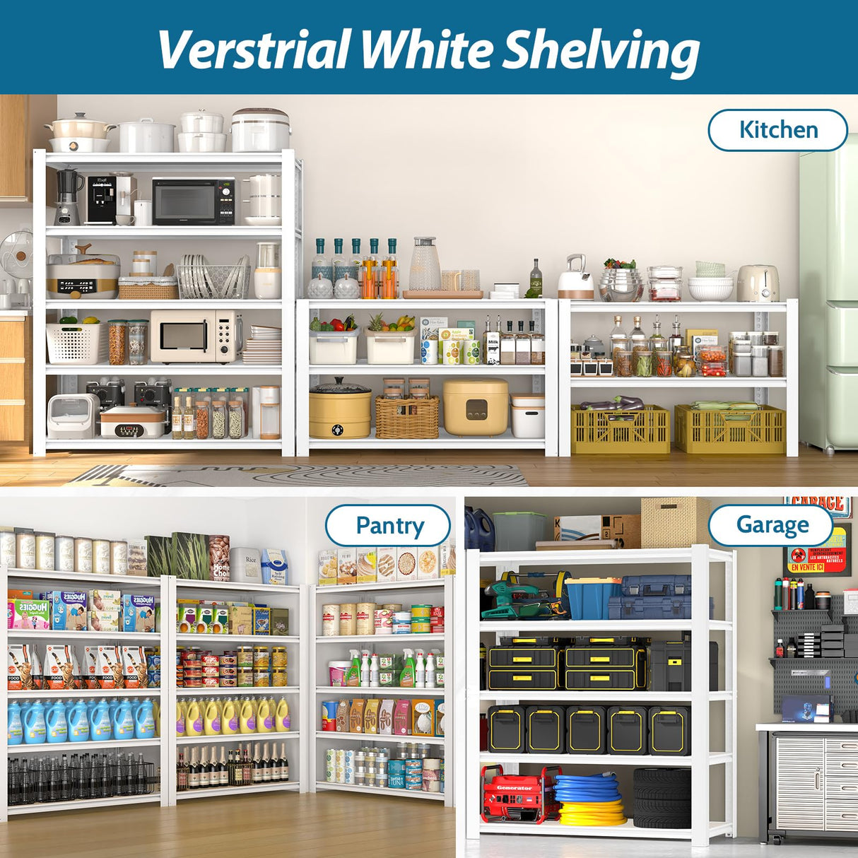 PrimeZone 28" W x 12" D x 59" H Closet Storage Shelves - 5 Tier White Metal Connector Shelving, Adjustable Heavy Duty Garage Shelves, Utility Rack Organizer Shelf for Kitchen Pantry Closet, 2 PCS PrimeZone