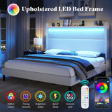 AMERLIFE King Bed Frame with LED Lights & Wingback Headboard, Upholstered Platform Bed with USB & USB-C Ports, No Box Spring Needed/Noise Free/White AMERLIFE