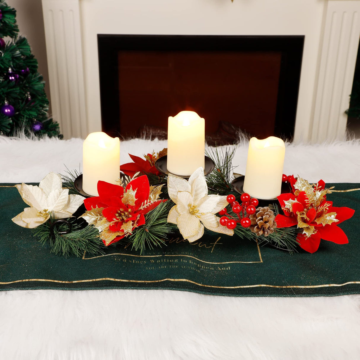 FORUP Christmas Centerpiece, Christmas Candle Holders, Christmas Tabletop Poinsettia Centerpiece with 3 Flameless Candle, Romantic Holiday Candelabrum for Home Party Christmas Table Mantel Decorations FORUP