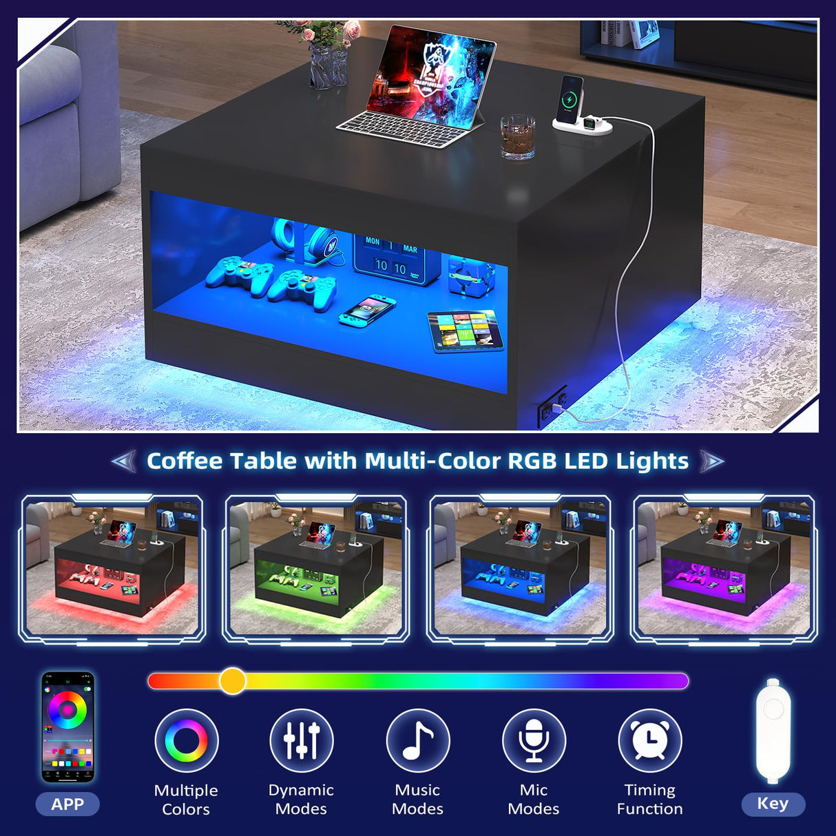 Black Coffee Table with Open Storage, Square Wood Coffee Table with LED Lights and Charging Station, Stylish Living Room Table, Modern Center Table for Living Room, Bedroom, Office Gacfiew