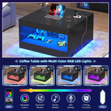 Black Coffee Table with Open Storage, Square Wood Coffee Table with LED Lights and Charging Station, Stylish Living Room Table, Modern Center Table for Living Room, Bedroom, Office Gacfiew