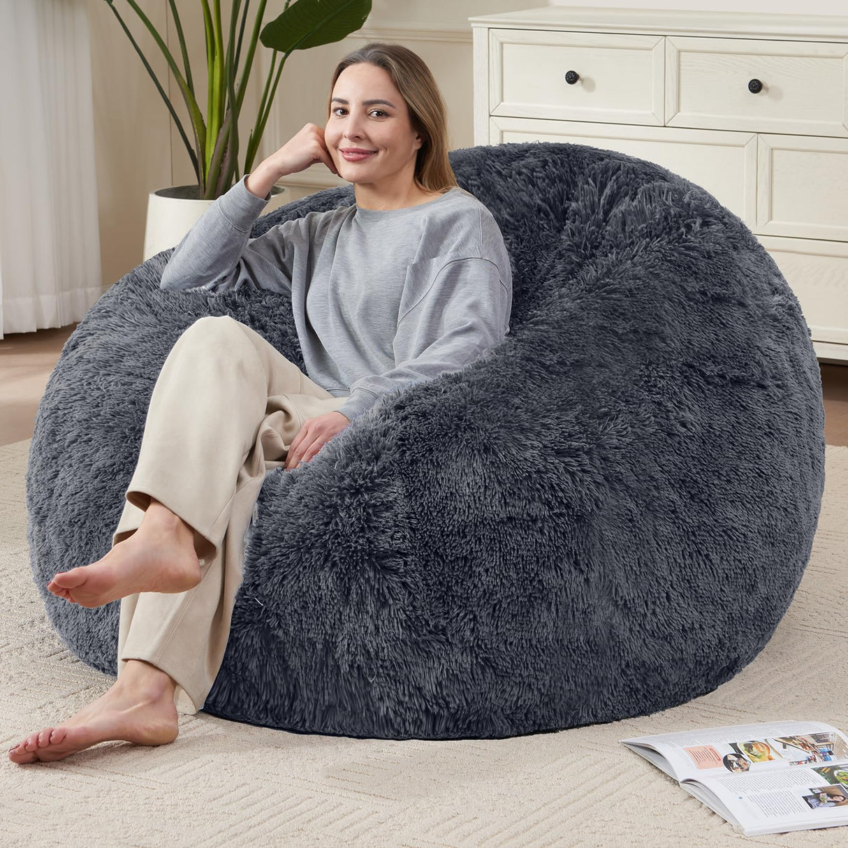 Bean Bag Chair Cover(No Filler) Soft Faux Fur Stuffed Animal Bean Bag Storage, Fluffy Plush Bean Bag Chair Cover Washable, Comfy Bean Bag Chairs for Adults Kids Teens WSOFRLAC