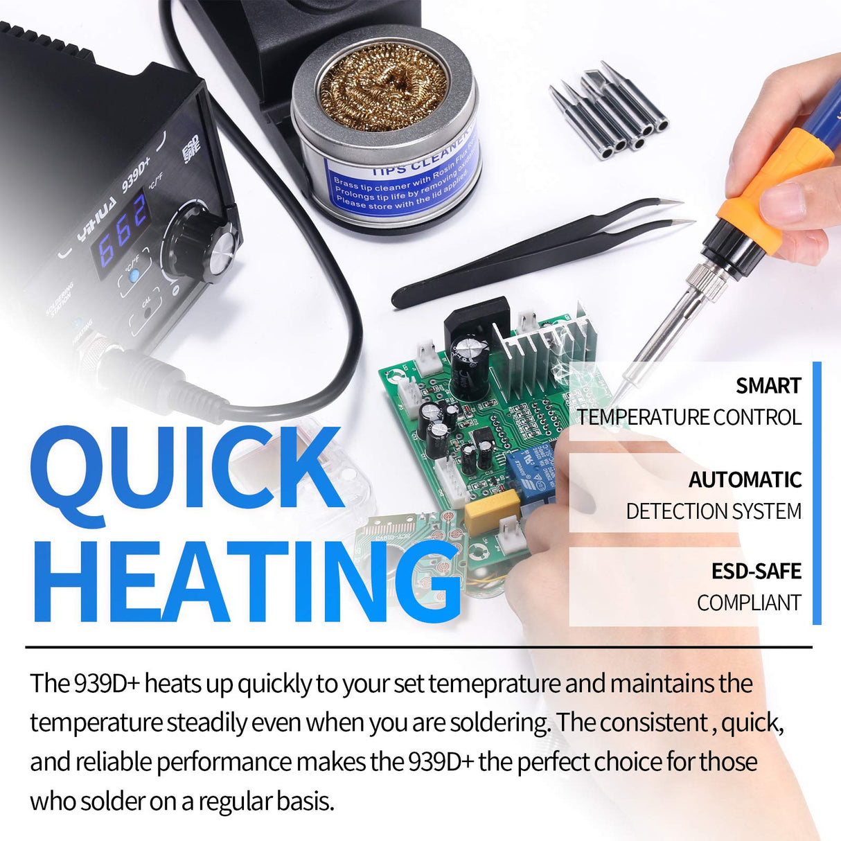 YIHUA 939D+ Digital Soldering Station, 75W Equivalent with Precision Heat Control (392°F to 896°F) and Built-in Transformer. ESD Safe, Lead Free with °C/°F display (Black) YIHUA