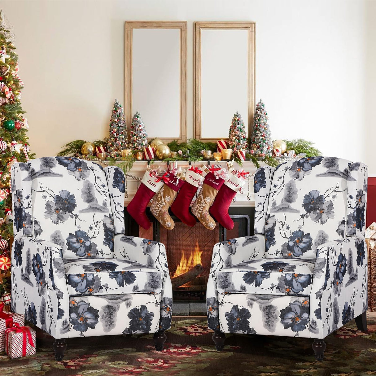 B BAIJIAWEI Wingback Recliner Chair - Tufted Arm Chair Recliner - Fabric Push Back Single Sofa for Living Room Adjustable Backrest (Pair, Blue Floral) B BAIJIAWEI