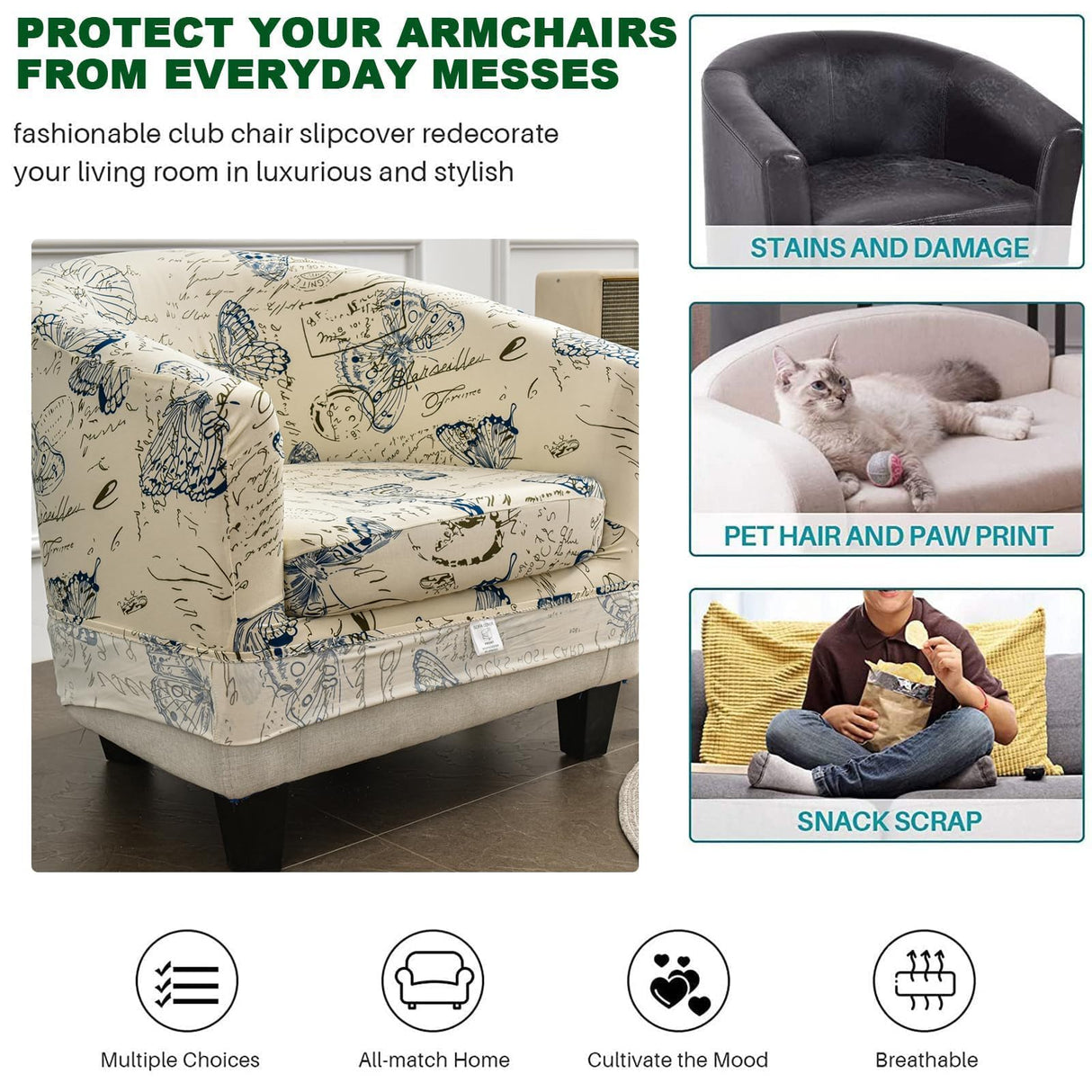 CRFATOP 2 Piece Club Chair Slipcover Printed Tub Chair Slipcover Armchair Soft Printed Round Barrel Chair Covers with Elastic Bottom for Bar Counter Living Room, Butterfly CRFATOP