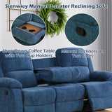 SIENWIEY Manual Recliner Sofa Set for Living Room, Reclining Couch Set with Cup Holders，3 Seats Sofa with Pull Down Coffee Table/2 Seats Loveseat with Storage Console/Single Chair（Blue Linen，3+2+1） SIENWIEY