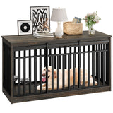 DWVO 55" Extra Large Dog Crate Furniture, Heavy Duty Metal Dog Kennel TV Stand with Sliding Door, Wooden Dog Cage Table with Dog Bowl for Extra Large Medium Dogs or 2 Small Dogs Black Oak DWVO
