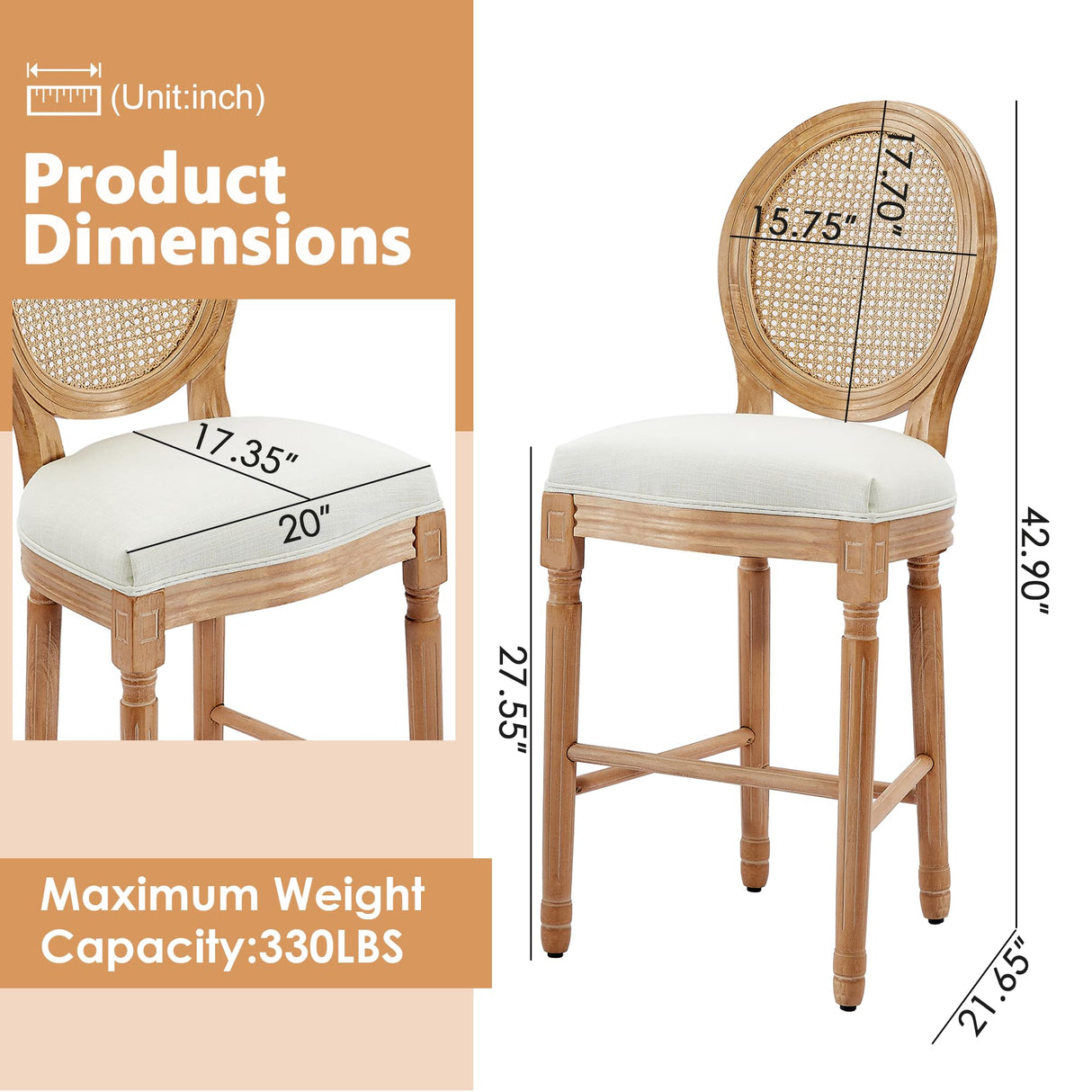 Kiztir French Country Bar Stools Set of 2 Farmhouse Rattan Counter Height Bar Stools with Round Back Upholstered Mid Century Barstools for Kitchen Island, Bar Kiztir