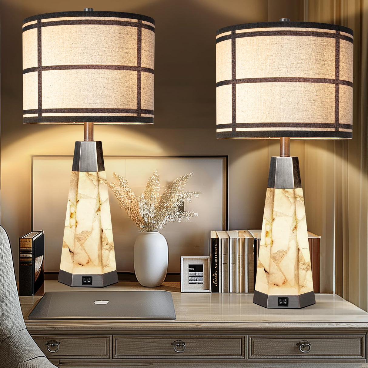 KIVDITZO Natural Alabaster Table Lamps Set of 2 for Living Room Rustic Nightstand Lamp with Night Light for Bedroom Bedside Lamp with A+C USB Ports for Home Office Study Room(Bulbs Included) KIVDITZO