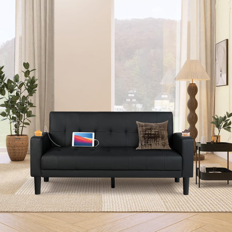 AILEEKISS 62" Loveseat Couches Upholstered Leather Love Seat Sofas Couch with 2 USB, Cup Holders, Side Pocket, Mid-Century Modern Tufted Sofa for Living Room,Office,Bedroom,Apartment (Black, 2-Seat) AILEEKISS