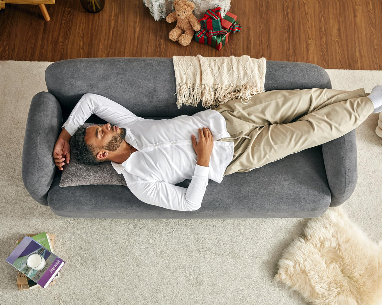 PaPaJet 3 Seater Sofa, Modern Couch with Soft Boucle Upholstered, Comfy Cloud Sofa Couch for Living Room Home Office Sherpa Grey Curved Couch PaPaJet