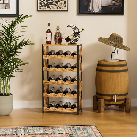 LUMAMU 20 Bottle Wine Rack Freestanding Floor with Wood Top,Wobble-Free 5 Tier Wine Display Storage Stand Shelf,Stackable Modular Wine Bottle Holder Rack for Kitchen,Cellar,Living Room LUMAMU