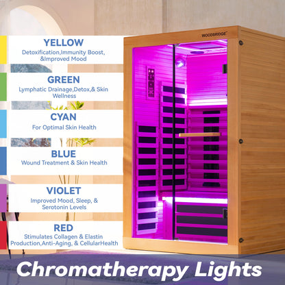 WOODBRIDGE Infrared Home Sauna Room 2 Person Hemlock Wooden Indoor Sauna,7 Carbon 1980W/120V Heaters,with Led Color Therapy Light,Bluetooth Speaker,Tempered Glass,Touch-Tone Keypad and A Top Vent