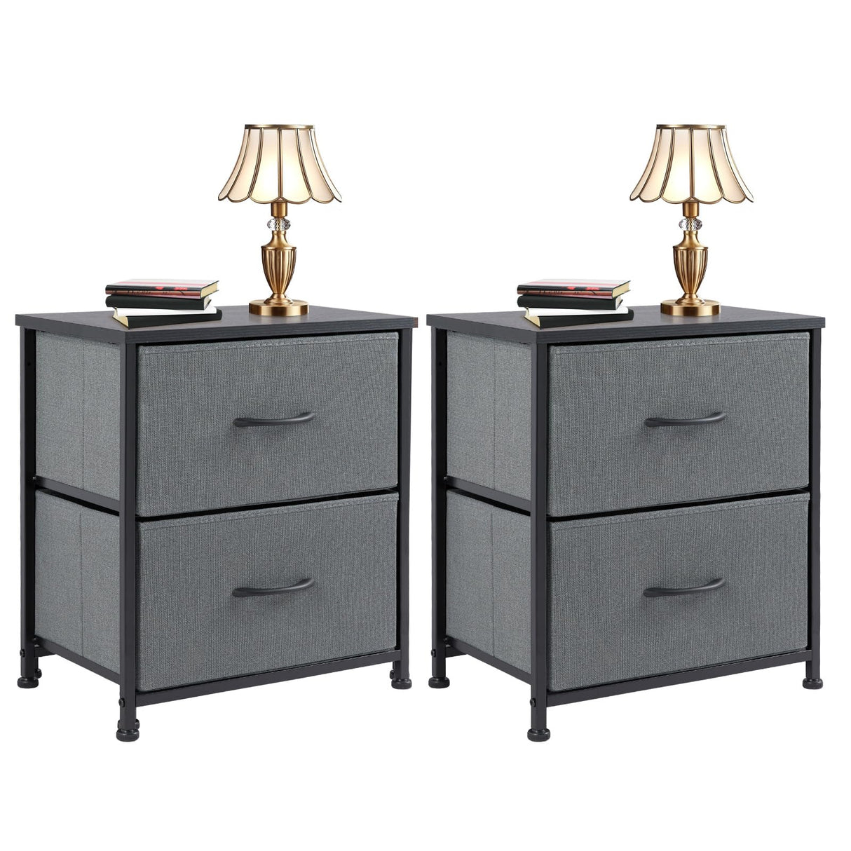 GlasFlength Nightstand for Bedrooms Set of 2, Farmhouse Bedside Table w/ 2 Fabric Drawers, Small End Tables Storage Organizer with Wood Top for Kids Room Dorm Closet, Grey/2BC 2-Pack GlasFlength