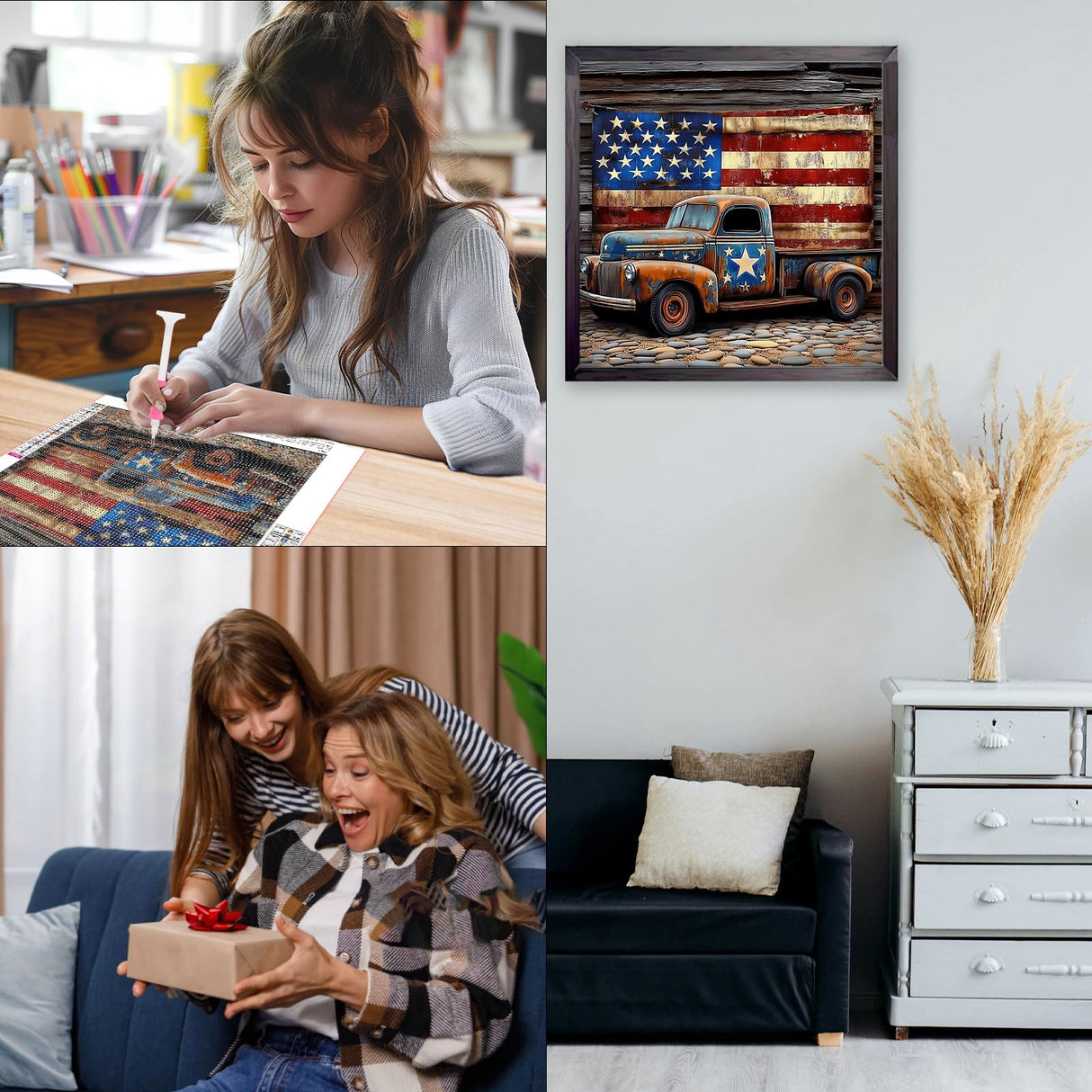 CEOVR Truck Diamond Painting Kits for Adults, American Flag Diamond Art Dots 5D Full Drill DIY Gem Art for Beginner, Adult Crafts Kits Arts and Crafts, Wall Decor for Home Office 12x12in CEOVR