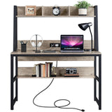 Topeakmart Industrial Home Office Table Computer Writing Desk with Power Outlet and Bookshelves, 47 Inch PC Laptop Table with Hutch Storage Shelves and 2 USB Ports for Home Office, Gray Topeakmart