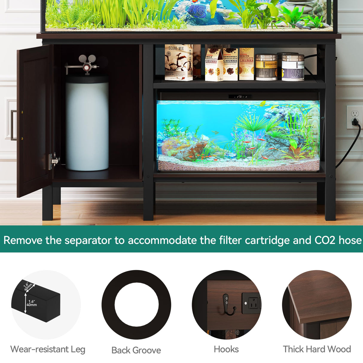 YITAHOME 55-75 Gallon aquarium stand with Power Outlets, Heavy Duty Metal Fish Tank Stand, Cabinet for Fish Tank Accessories Storage suitable for Fish Tank, Turtle Tank, 880LBS Capacity, Brown YITAHOME