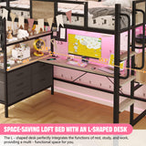 BYSAUD Loft Bed Twin Size with L Shaped Desk and Storage, Metal Bunk Loft Bed Frames with Desk Underneath and LED Lights and Charging Station 5 Drawer 2 Pegboards Clothes Rack, Noise Free, Gray BYSAUD