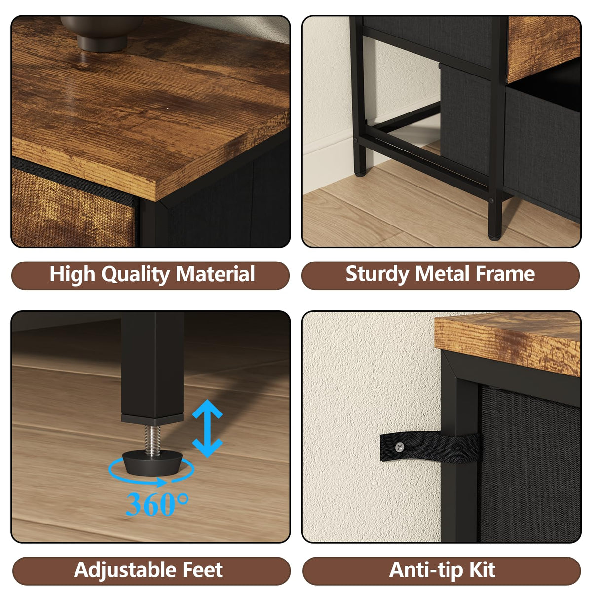 Loomie 63 Inch Dresser for Bedroom, Wide Long Fabric Dresser with LED Lights & 8 Drawers, Large TV Stand for 55, 65, 70 Inch TV, Entertainment Center with Storage (Rustic Brown) Loomie