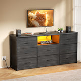 OURPIC 55'' Dresser for Bedroom with 8 Fabric Drawers, Wide Chest of Drawers with LED Lights & Charging Station, Long Wood Dresser TV Stand for Living Room, Hallway,Closet OURPIC
