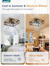 LEDIARY Caged Low Profile Ceiling Fans with Lights and Remote, Rustic Square Flush Mount Ceiling Fan, 6 Speed and Reversible, Small Farmhouse Bladeless Ceiling Fan for Bedroom, Kitchen, Dining Room LEDIARY