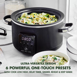 GreenPan 6-in-1 4QT Electric Ceramic Slow Cooker with Glass Lid, Multifunction Presets, Hard Anodized PFAS-Free Removeable Nonstick Crock, Dishwasher Safe, Auto Warm, Delay Timer, Stews, Reheat, Black GreenPan