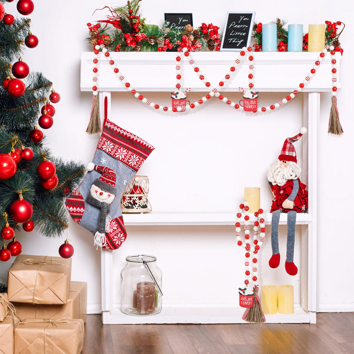 IMIKEYA Wooden Beads Garland: Farmhouse Wood Bead Garland for Tiered Tray Christmas Hanging Pendant Wood Bead Pendant Boho Wooden Garland Modern Farmhouse Decor IMIKEYA