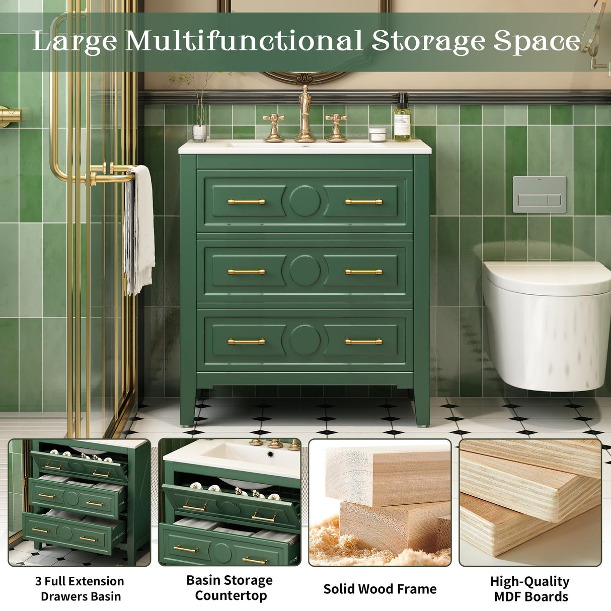 Merax 30" Bathroom Vanity with Sink Top, 3-Drawer Bathroom Vanity Storage Cabinet with Gold Pulls, Tip-Out Drawer, Solid Wood Frame Bath Storage Vanity with Ceramic Sink Merax