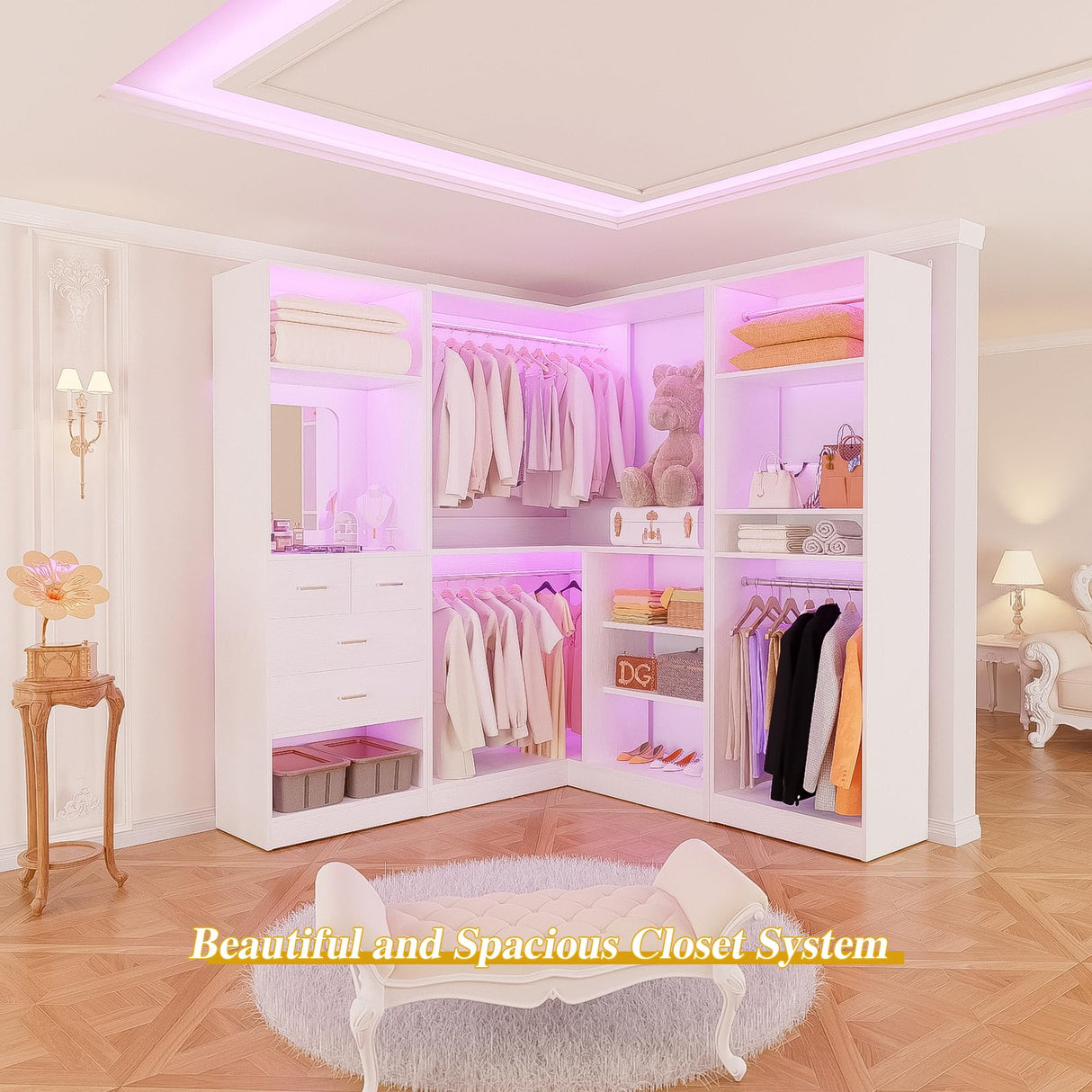 Unikito 86” Closet System, Large Corner Closets Organizer with Hanging Rods and Mirror Design, Freestanding Adjustable Wood Clothes Garment Rack with Drawers, Sturdy Walk in Closet Tower, White Unikito