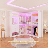 Unikito 86” Closet System, Large Corner Closets Organizer with Hanging Rods and Mirror Design, Freestanding Adjustable Wood Clothes Garment Rack with Drawers, Sturdy Walk in Closet Tower, White Unikito