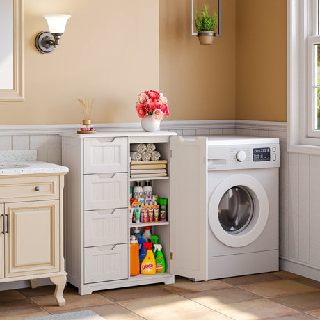 Gizoon 33" Small Kitchen Pantry Storage Cabinet with Door and Shelves, Pantry Cabinet Storage Cupboard, Freestanding Wooden Dresser with 4 Drawers for Bathroom and Dining Room, White Gizoon