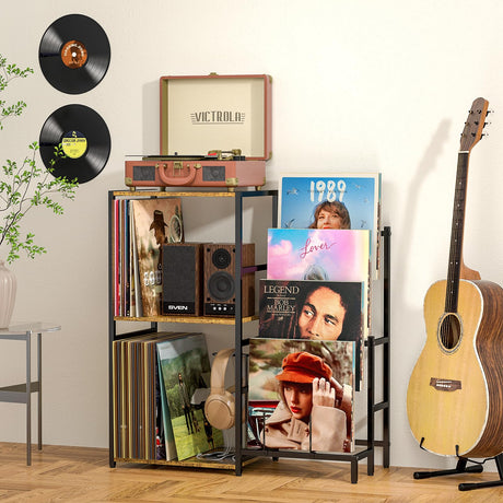 Record Player Stand, Turntable Stand with 4-Tier Vinyl Record Storage, Record Player Table Up to 200 Albums, End Table for Vinyl Records, Vinyl Record Stand for Living Room ThreeHio