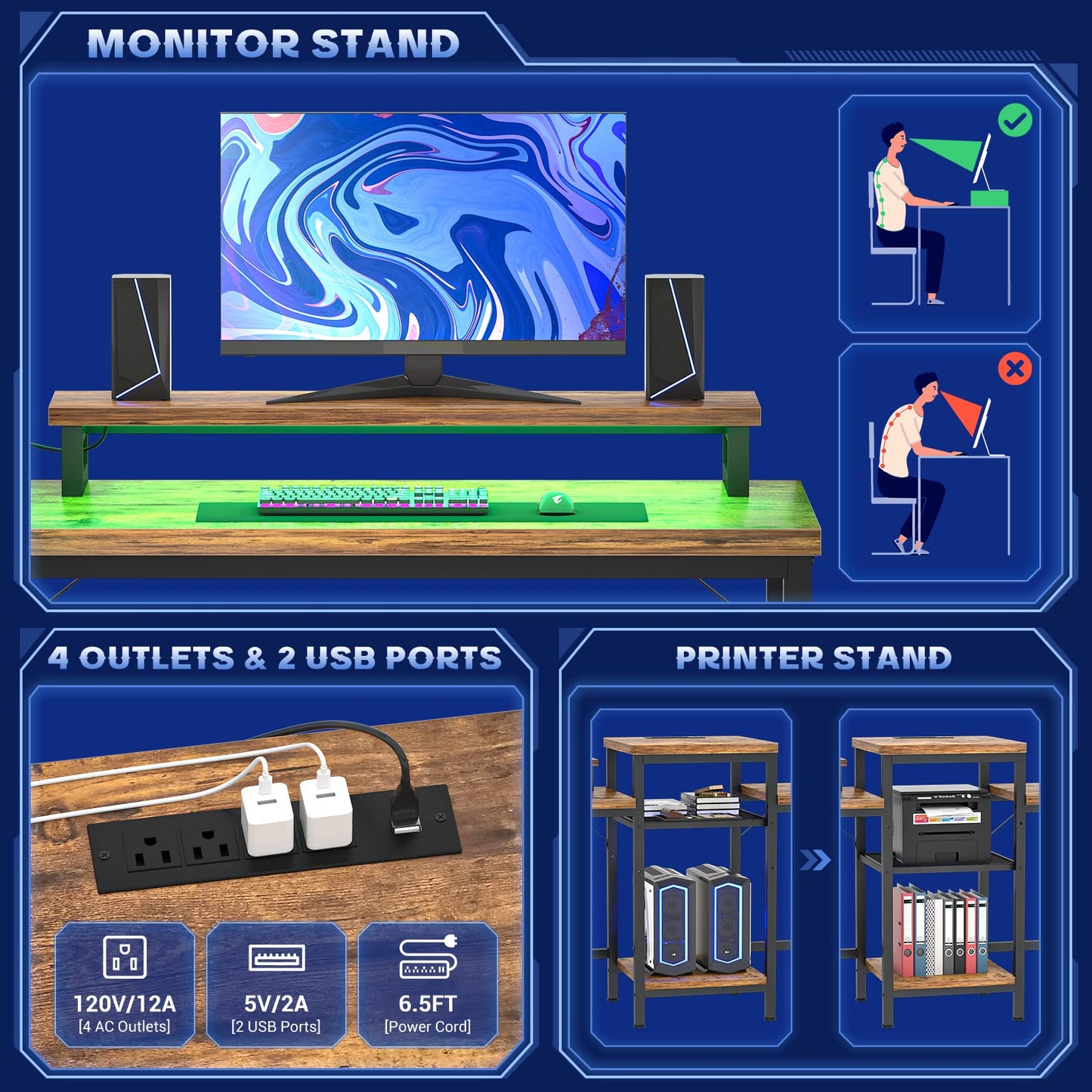 Unikito Double Computer Desk with LED Strip and Power Outlet, 2 Person Desk with Monitor Stand and Storage, Ergonomic Computer Desk with Printer Stand for Home Office, Long Gaming desk, Rusti - WoodArtSupply