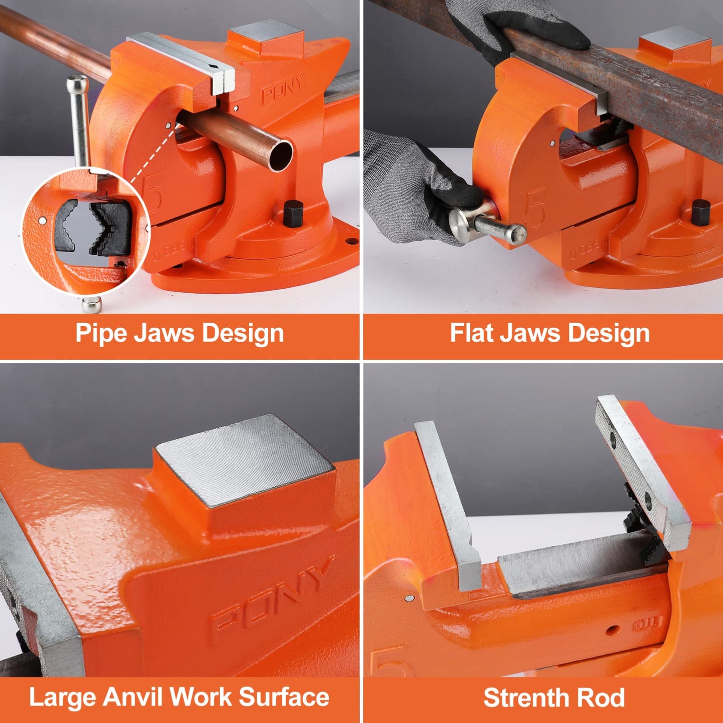 PONY Heavy Duty Bench Vise, 5-inch Jaw Width 7-inch Jaw Opening, 360-Degree Swivel Base with Anvil, Utility Combination Pipe Home Vise for Woodworking, One-Pair Vise Jaw Pad Included - WoodArtSupply