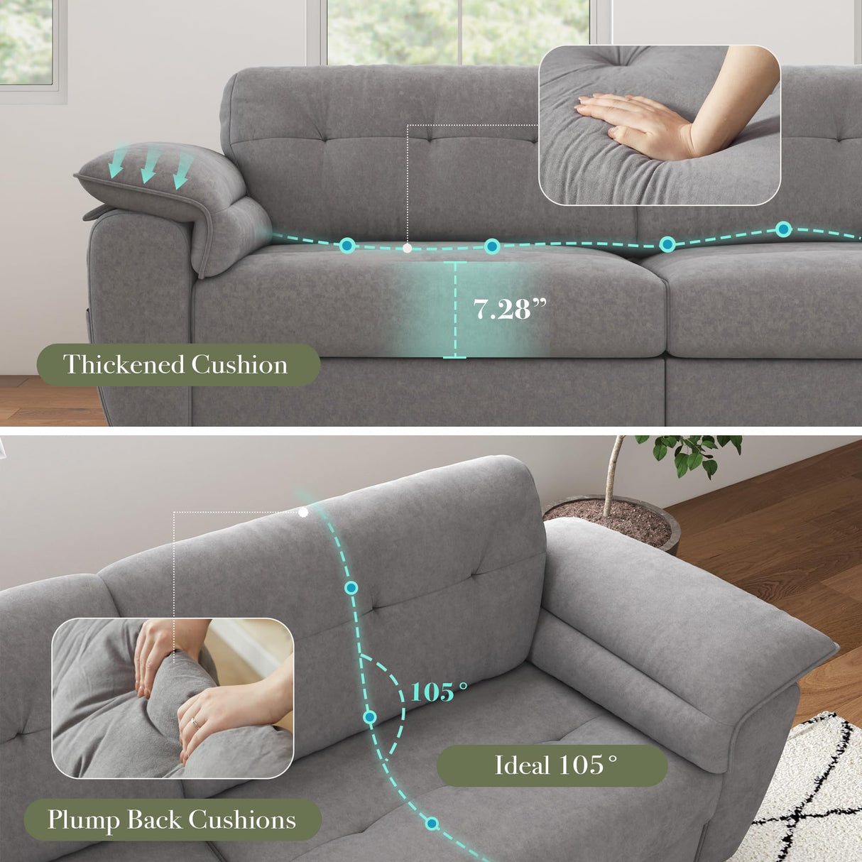 CHYMSUN 87" Modern Sofa, Comfy Sofa Couch w/Extra Deep Seats, 2/3 Seater Couches w/USB Charging Ports & Side Pockets, Sleeper Sofas for Living Room, Apartment, Office (Grey Chenille) CHYMSUN