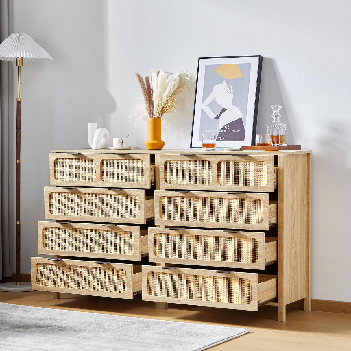 QEIUZON 4 Drawer Dresser, Modern Rattan Dresser Chest with Wide Drawers and Metal Handles, Farmhouse Wood Storage Chest of Drawers for Bedroom, Living Room, Hallway, Entryway (Natural-2 Packs) QEIUZON