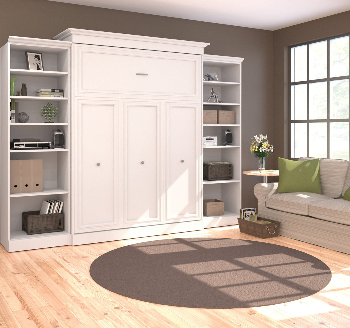 Bestar Versatile Queen Murphy Bed with 2 Shelving Units by White Bestar