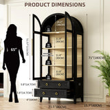 Vlsrka 71" Arched Curio Cabinet with Glass Doors, 4-Shelves Display Cabinet and 2 Drawers, Display Case with 3 Color Lights, Tall Bookcase, Kitchen Pantry, Black+Wood Vlsrka
