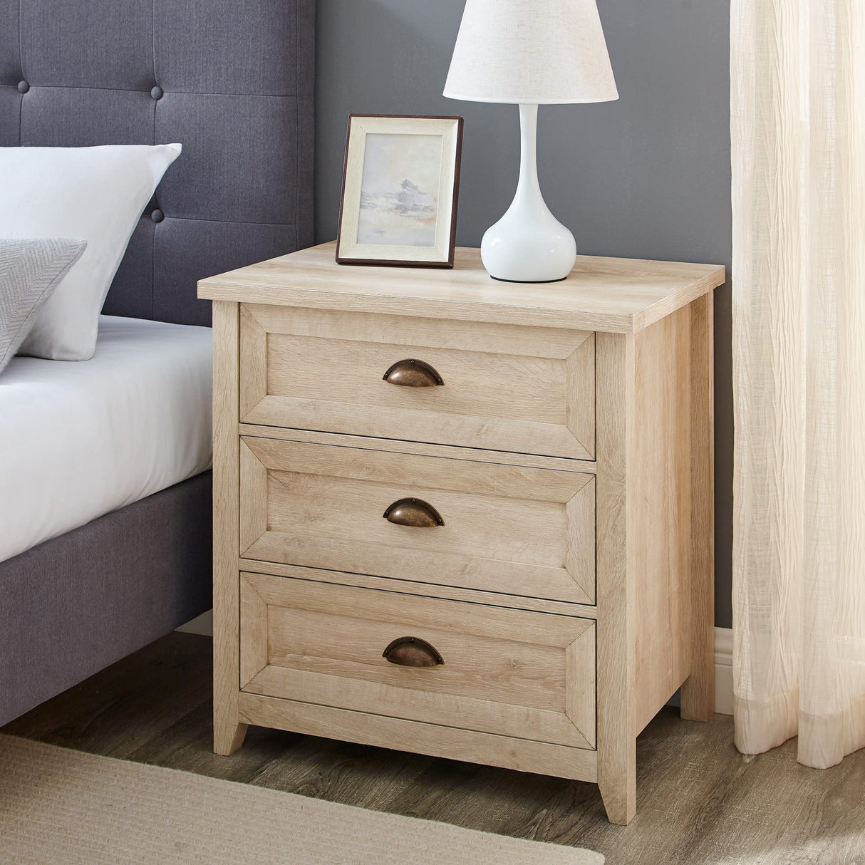 Walker Edison Hazel Modern Farmhouse 3 Drawer Framed Nightstand with Half-Moon Handles, 25 Inch, White Oak Walker Edison