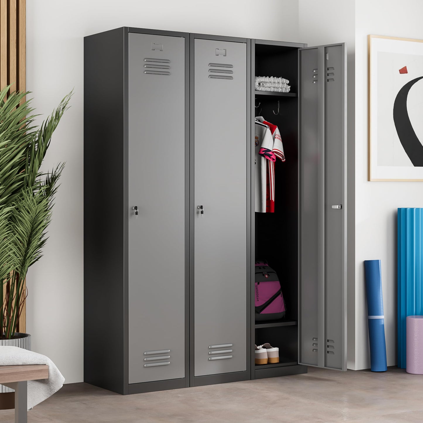 Kooyon Metal Lockers for Employees,71" Steel Storage Cabinet with 1 Door Lockable for Home,Gym,School,Office,Garage-Assembly Required(Black Gray)