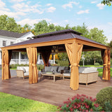 Jolydale 12' x 20' Gazebo, Wooden Finish Coated Aluminum Frame Canopy, Galvanized Steel Double Top, Outdoor Permanent Metal Pavilion with Privacy Curtains and Netting, for Patio, Deck and Backyard Jolydale