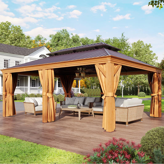 Jolydale 12' x 20' Gazebo, Wooden Finish Coated Aluminum Frame Canopy, Galvanized Steel Double Top, Outdoor Permanent Metal Pavilion with Privacy Curtains and Netting, for Patio, Deck and Bac - WoodArtSupply