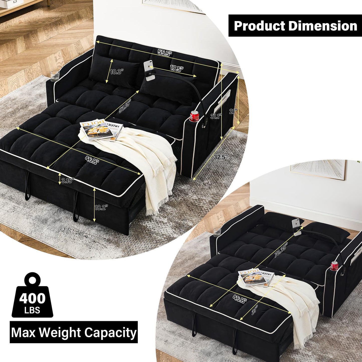 3 in 1 Sleeper Sofa Couch Bed,Velvet Convertible Loveseat Sleeper Sofa Bed,Pull Out Sofa Bed With USB Port & Ashtray and Swivel Phone Stand & Storage Pockets,Modern Sleeper Sofa for Living Room,Black