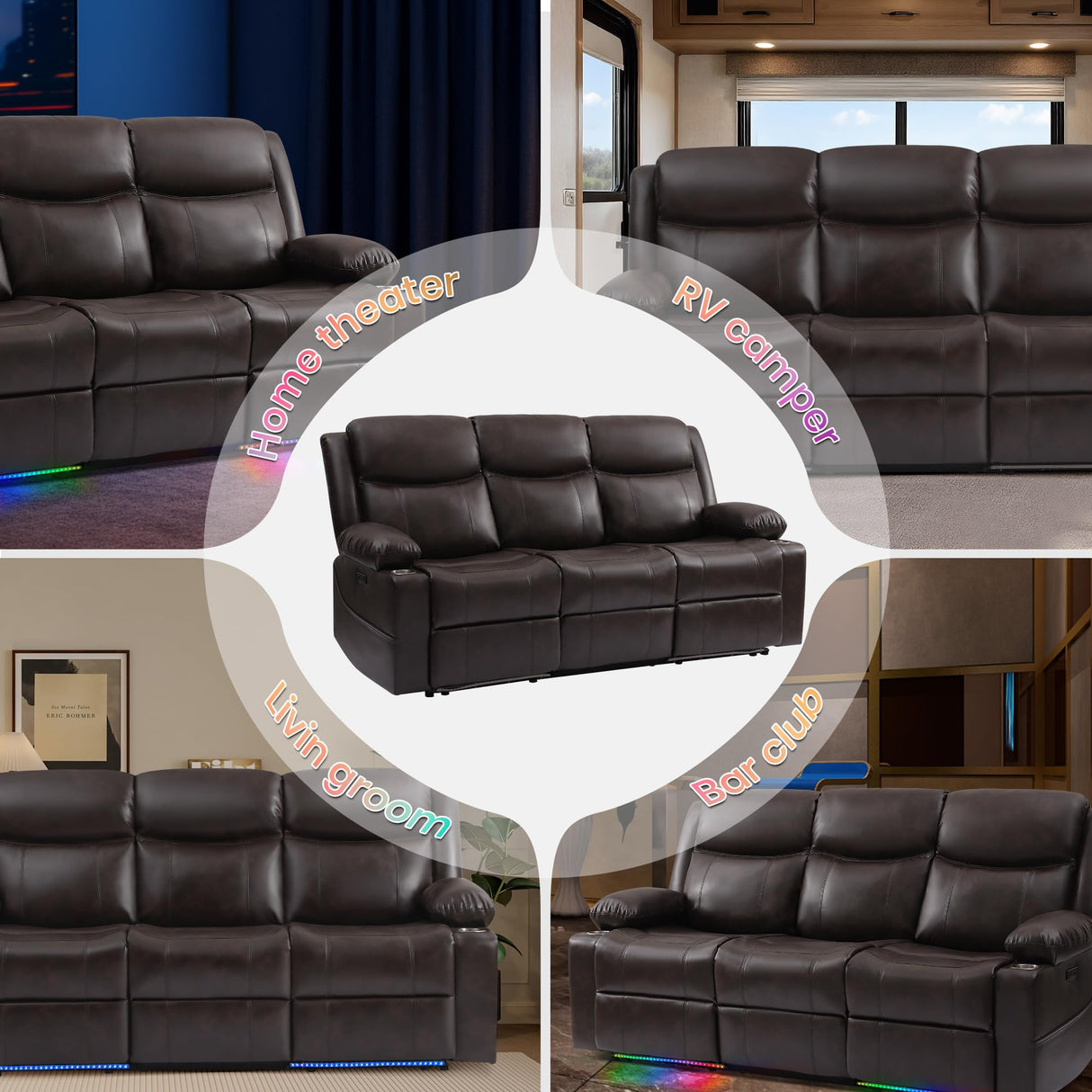 Power Recliner Sofa with LED Lights, USB Charging & Console – PU Leather Wall Hugger Couch for RV, Home Theater & Living Room Electric Reclining Sofa with Cup Holders& Zero-Wall Clearance Design LURVIA