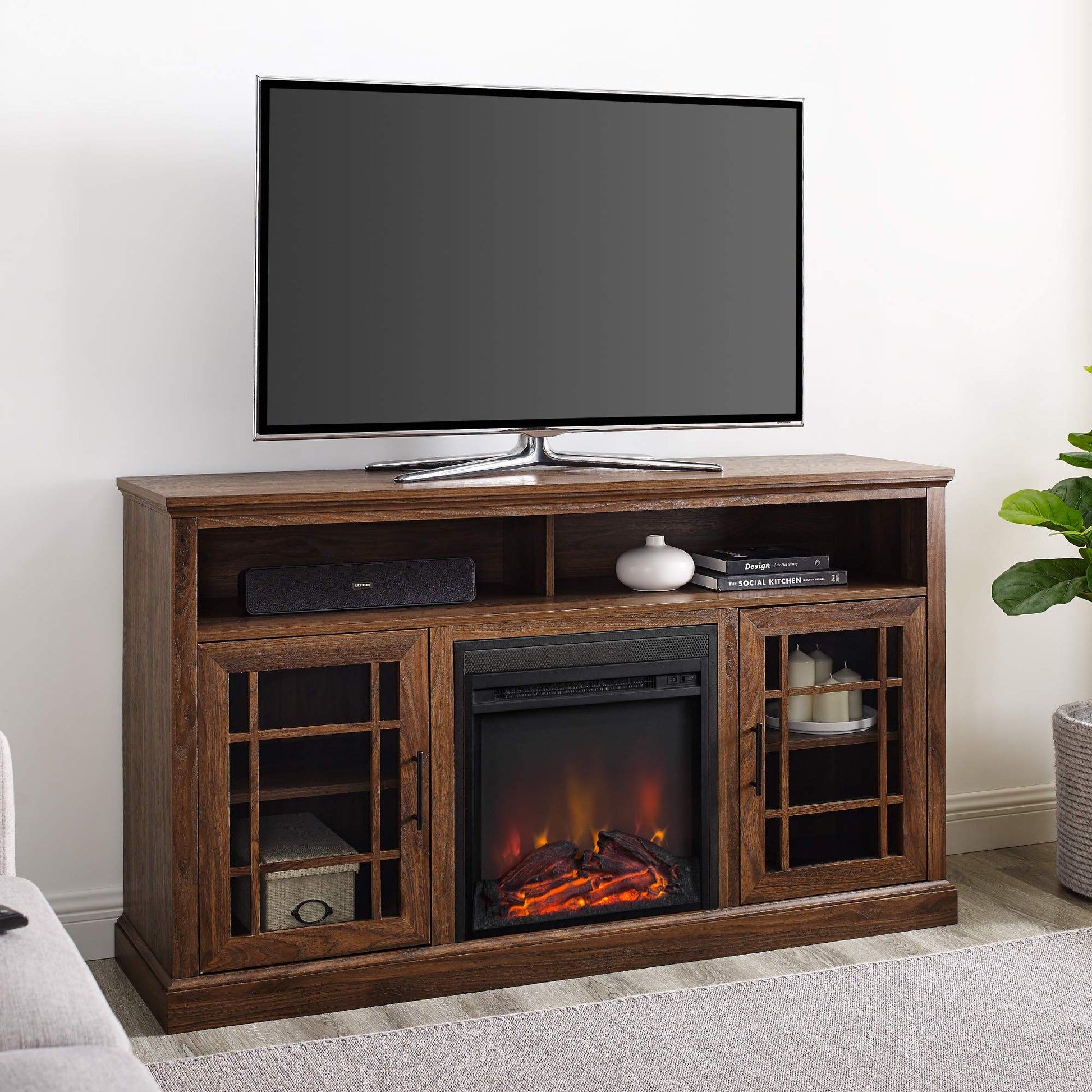 Walker Edison Hoxton Classic 2 Glass Door Fireplace Stand for TVs up to 65 Inches, 58 Inch, Dark Walnut - WoodArtSupply